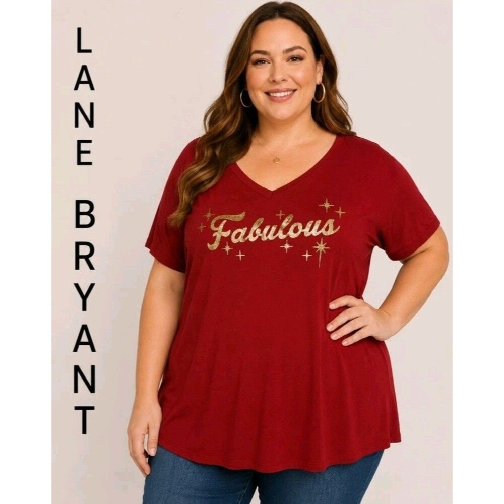 NWT LANE BRYANT Women 22/24 Graphic Novelty FABULOUS Short Slv Red Tee Shirt Top
